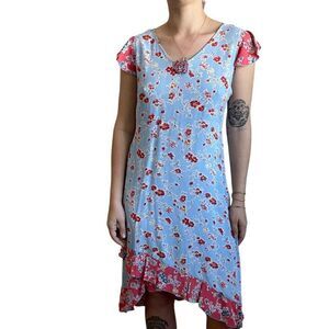 Vintage 90s Womens Sheer Blue Pink Floral Lightweight Asymmetrical Midi Dress